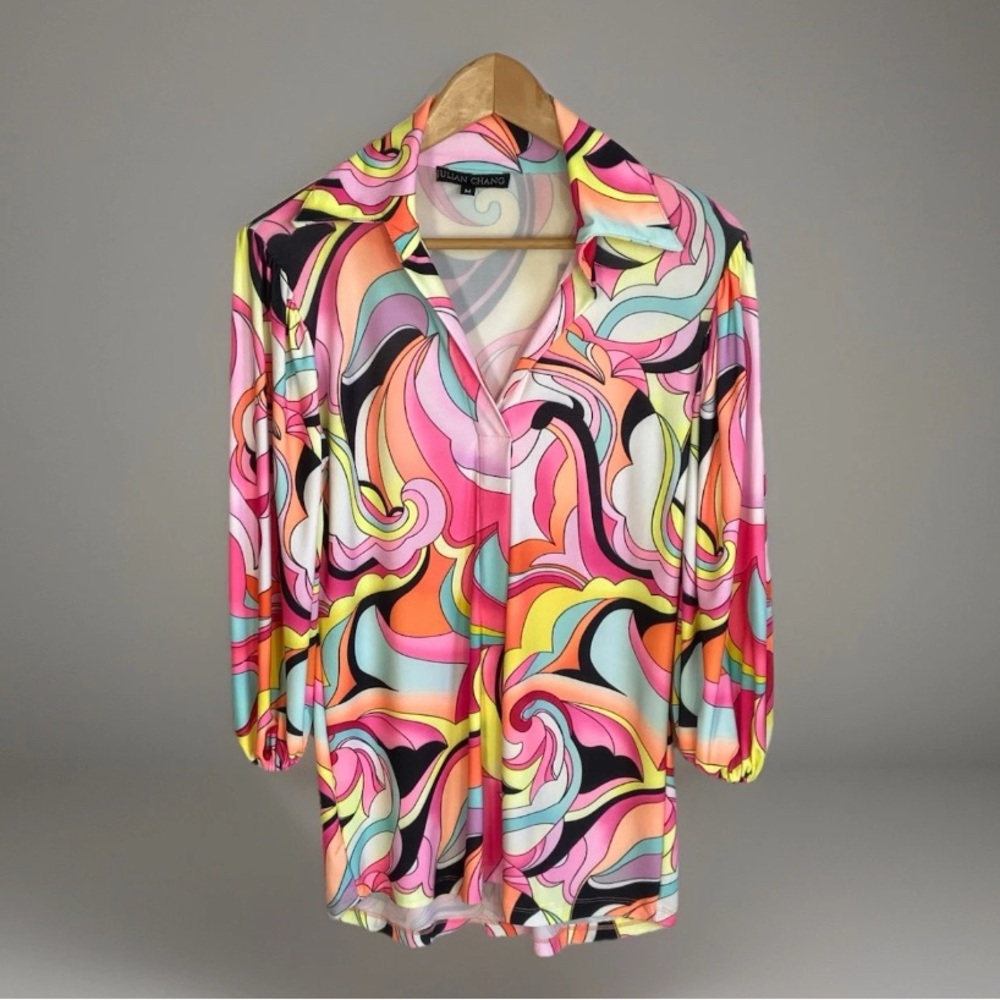 Julian Chang Blouse Women’s M Retro Top Puff Sleeves Wild Print Party Designer
